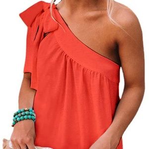 Womens One Shoulder Tops Casual Tie Bow Knot Sleeveless Blouse